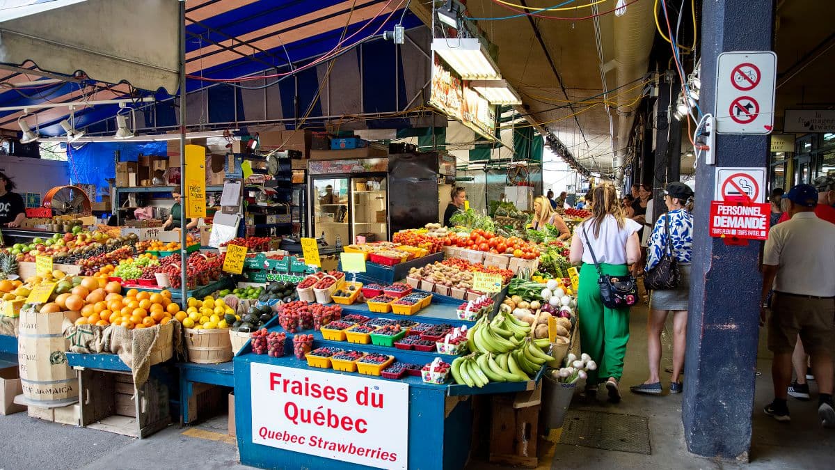 Fresh fruits and vegetables at a street market in Quebec City, Canada.