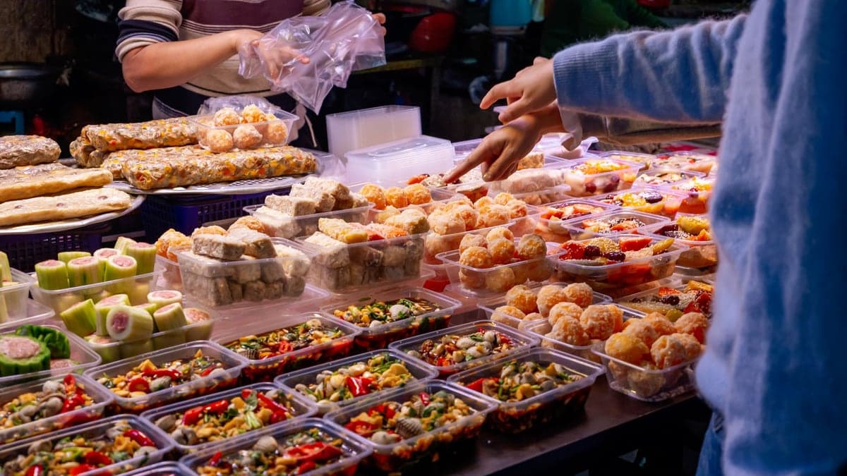 Street-food display at a market in Jieyang, China.