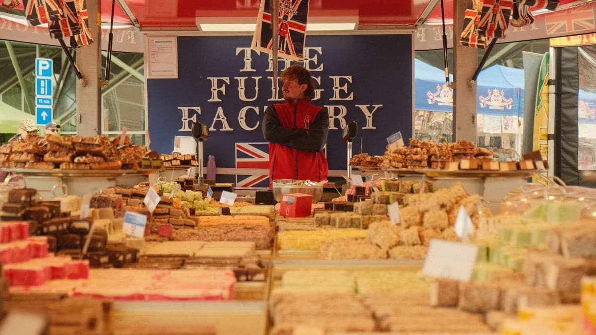 Fudge displayed at a market stall with Union Jack flags